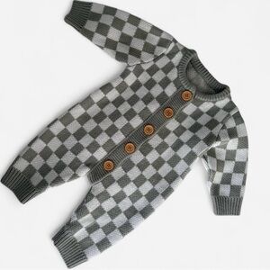 Checkered Knit Baby Jumpsuit with Wooden Buttons